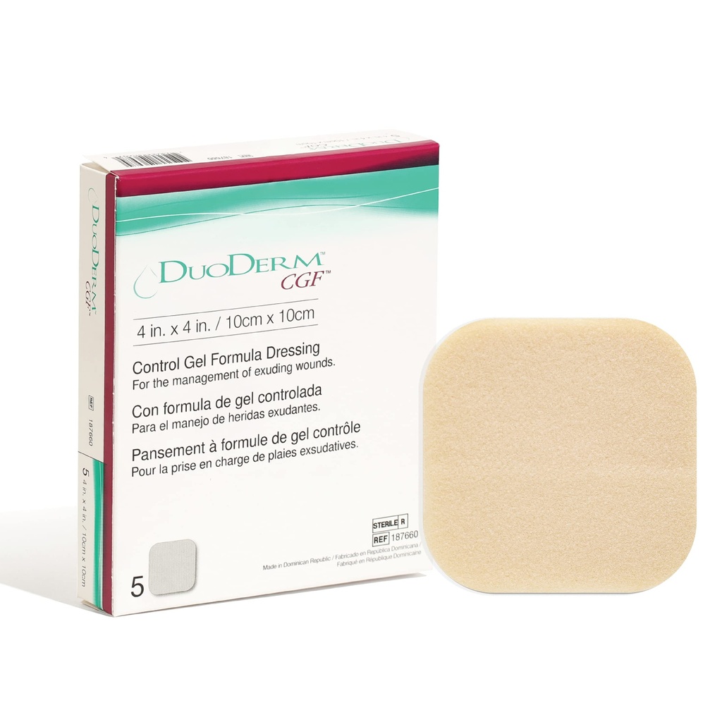 Convatec DuoDERM Control Gél Formula 4"x4" Hydrokoloidná Sterilná adhezíva Obliekanie pre čiastočné a plné-Thickness rany, Lekársky stupeň, Latex-Free, vodeodolný, námestie, Béžová, 5ct Box