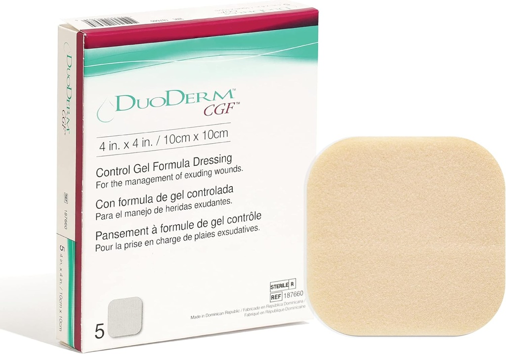Convatec DuoDERM Control Gél Formula 4"x4" Hydrokoloidná Sterilná adhezíva Obliekanie pre čiastočné a plné-Thickness rany, Lekársky stupeň, Latex-Free, vodeodolný, námestie, Béžová, 5ct Box