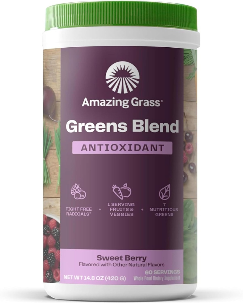 Amazing Grass Greens Superfood Antioxidant: Greens Powder with Organic Spirulina, Repeat Root Powder, Elderberry & Probiotiká, Sweet Berry, 60 Servings (Packaging May Vary)