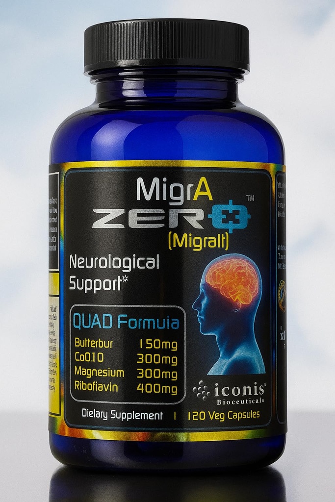Migrain Relief, Quad-Formula with PA-Free Butterbur (150mg), CoQ10 (300mg), Magnéziumglycinate (300mg), High-Dose Riboflavin (400mg) - MigraA Zero (120 Caps) Optimálne dávkovanie pre Migraine Sufferers