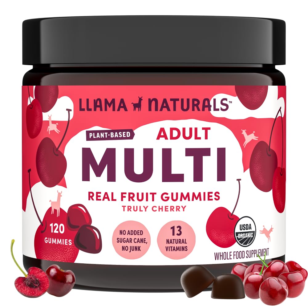 Llama Naturals Multivitamíny pre ženy a mužov, Vegan, Organické Gummies s vitamínom D, C a K, Dospelí Skutočné ovocné Gumové vitamíny, Žuvacie Multivitamínové doplnky, Bez pridaného cukru trstiny, Cherry, 120 Ct