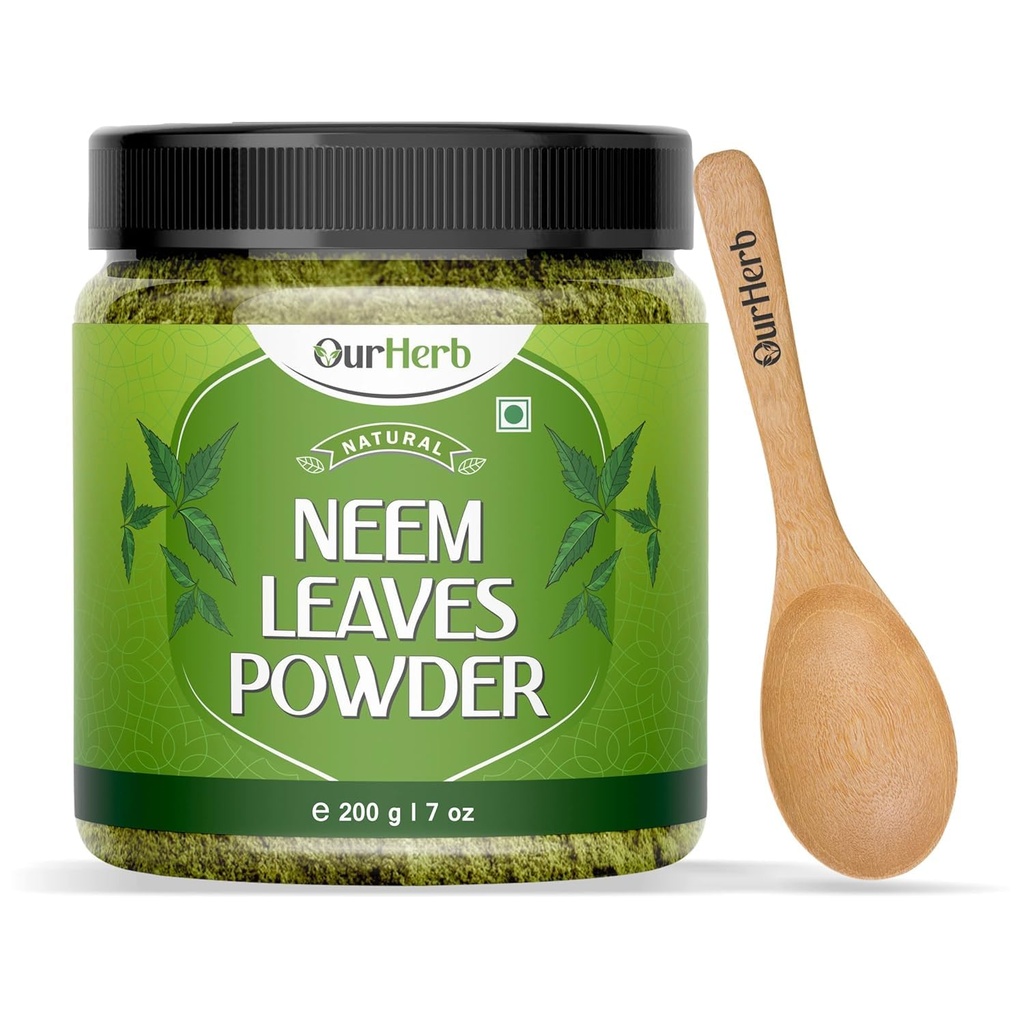 Pure Neem Leaves Powder Natural Solution for Pimple-free Clear Skin & Silky Hair, Ideal for Face Packs, Hair Care, and Pigmentation Support with Wooden Spoon 200g 7.04 Oz