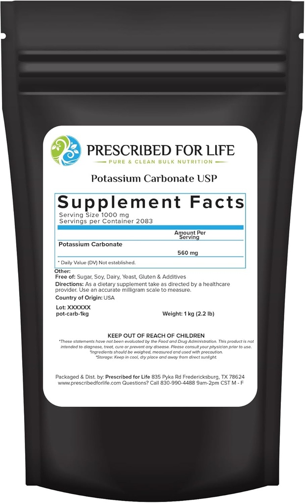 Prescribed for Life Potassium Carbonate Powder, Natural USP Food Grade Potash for Plants, Soap, Supplements, & More, Pure Bulk Potassium Powder (1kg / 2.2lb)