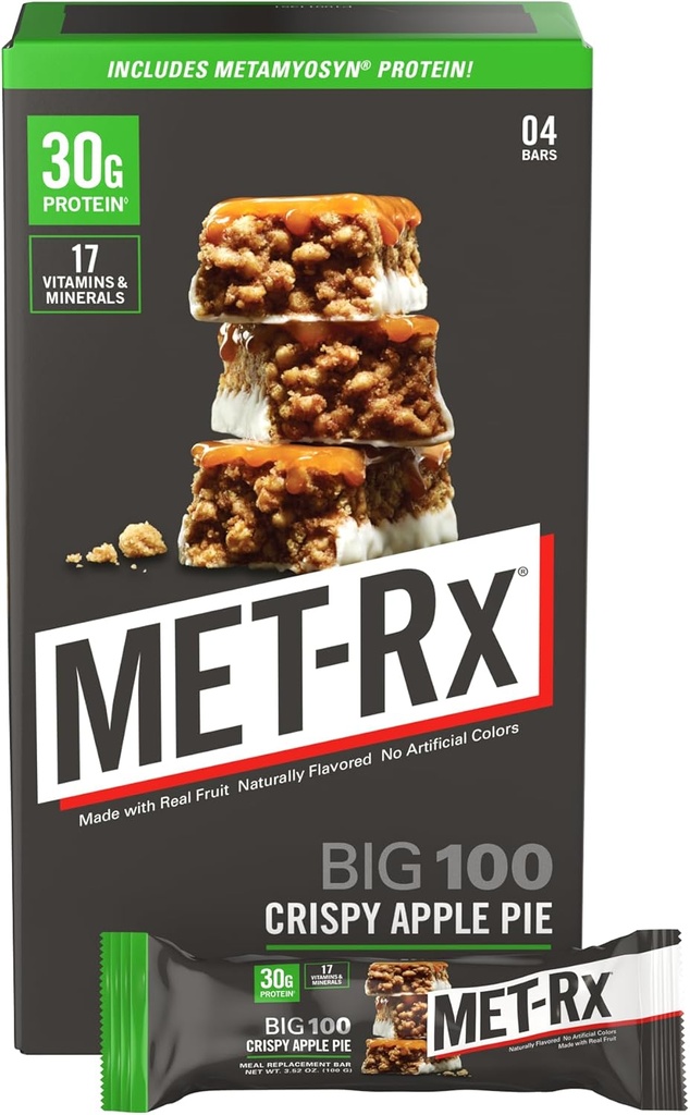 MET-Rx Big 100 Colossal Protein Bars, Crispy Apple Pie Replacement Bars, 4 gróf
