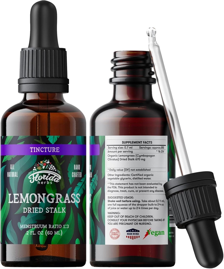 Citrongrass Tinture, Organic Lemongrass Extract (Cymbopogon Citratus) Herbal Supplement, Non-GMO in Cold-Pressed Organic Glycerin, 700 mg, 2 oz (60 ml)