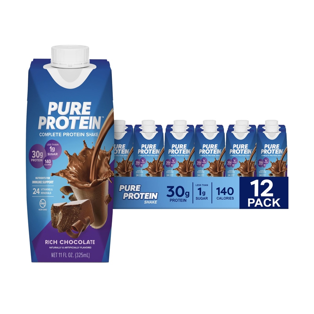 Čistá bielkovinová čokoláda Bielkoviny Shake, 30g Kompletný proteín, Pripravený na pitie a Keto-Friendly, Vitamíny A, C, D a E plus Zinok na podporu imunitného zdravia, 11oz Fľaše, 12 Balenie