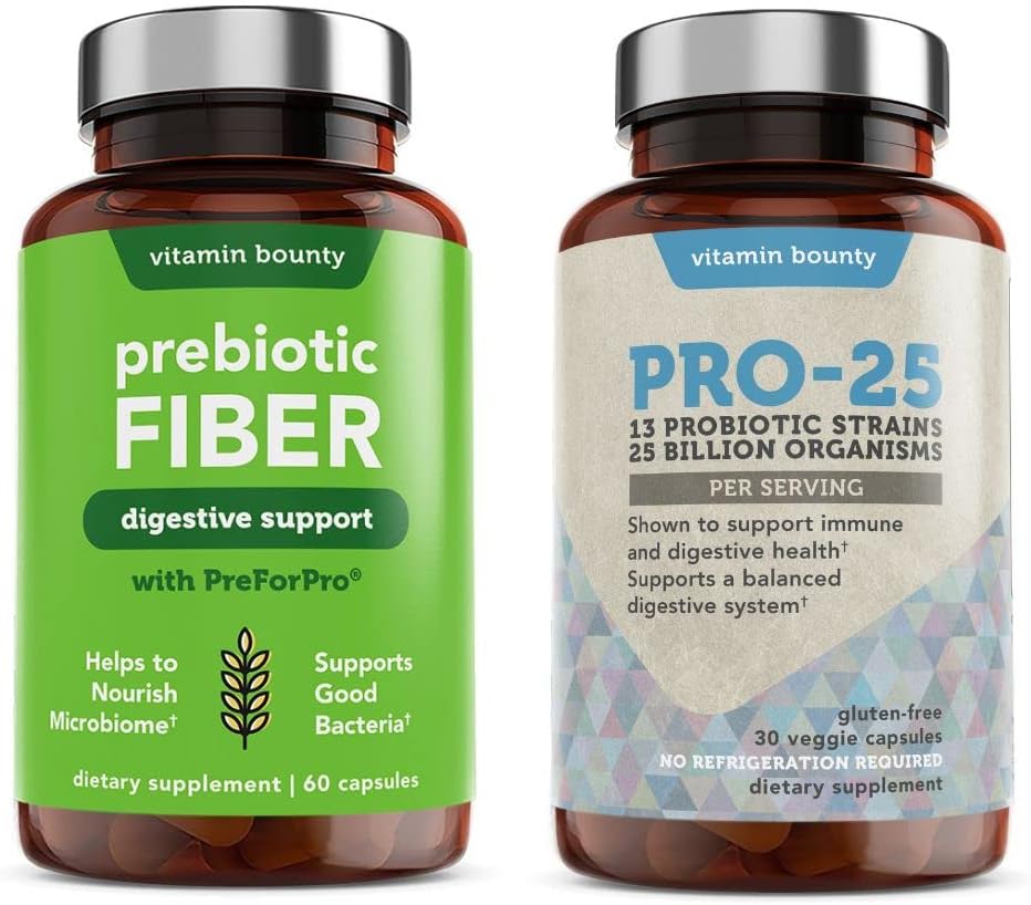 Vitamín Bounty Pro-25 Probiotiká a prebiotické Fiber Bundle - Dietary Fiber, 13 Probiotické Kmene, zdravie Gut, Tráviace zdravie, Oneskorené vydanie - Bundle