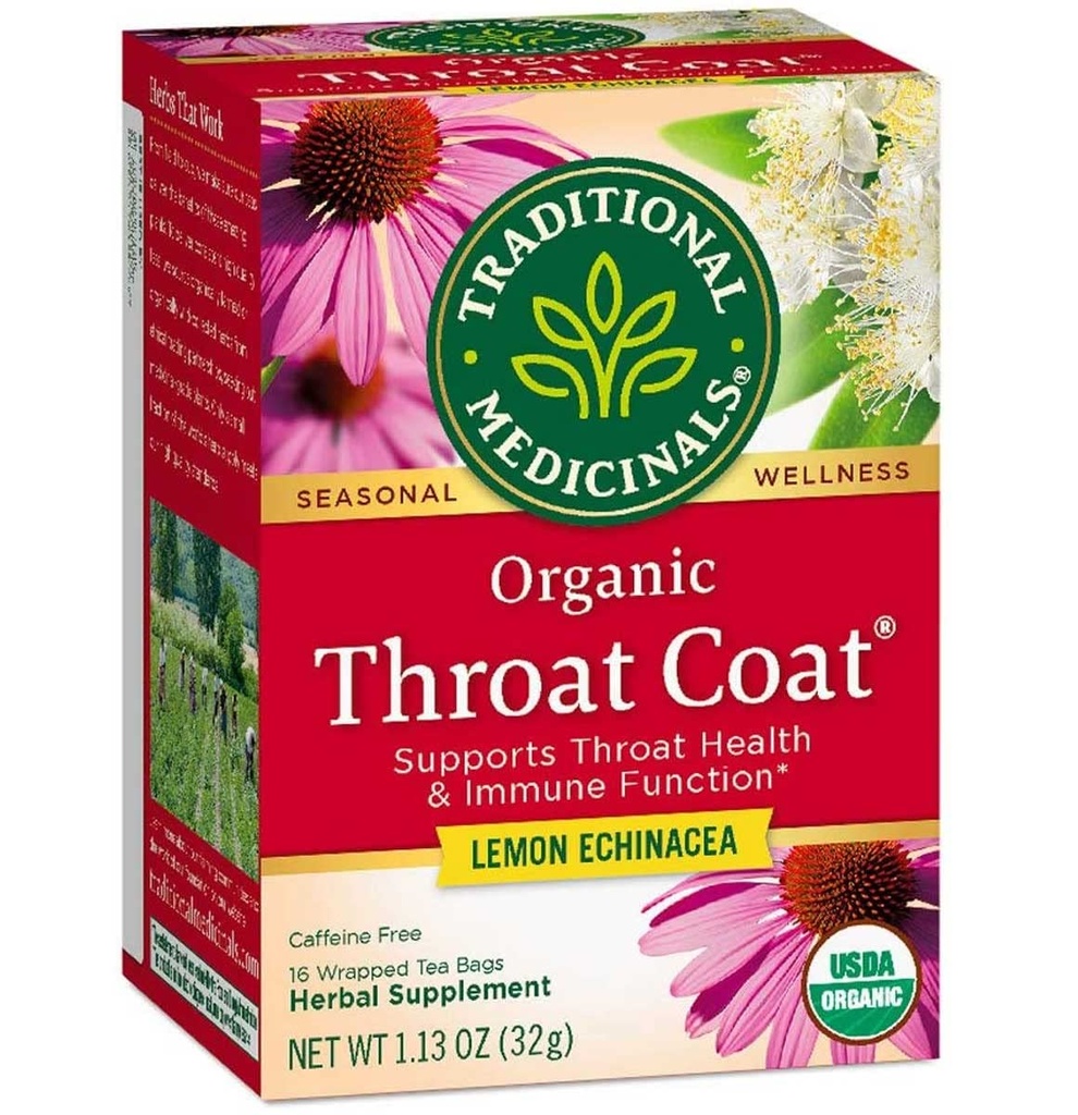 Tradičné lieky Organic Throat Coat Lemon Echinacea Bylinný čaj, podporuje zdravie hrdla (16 Počet (Pack of 2)