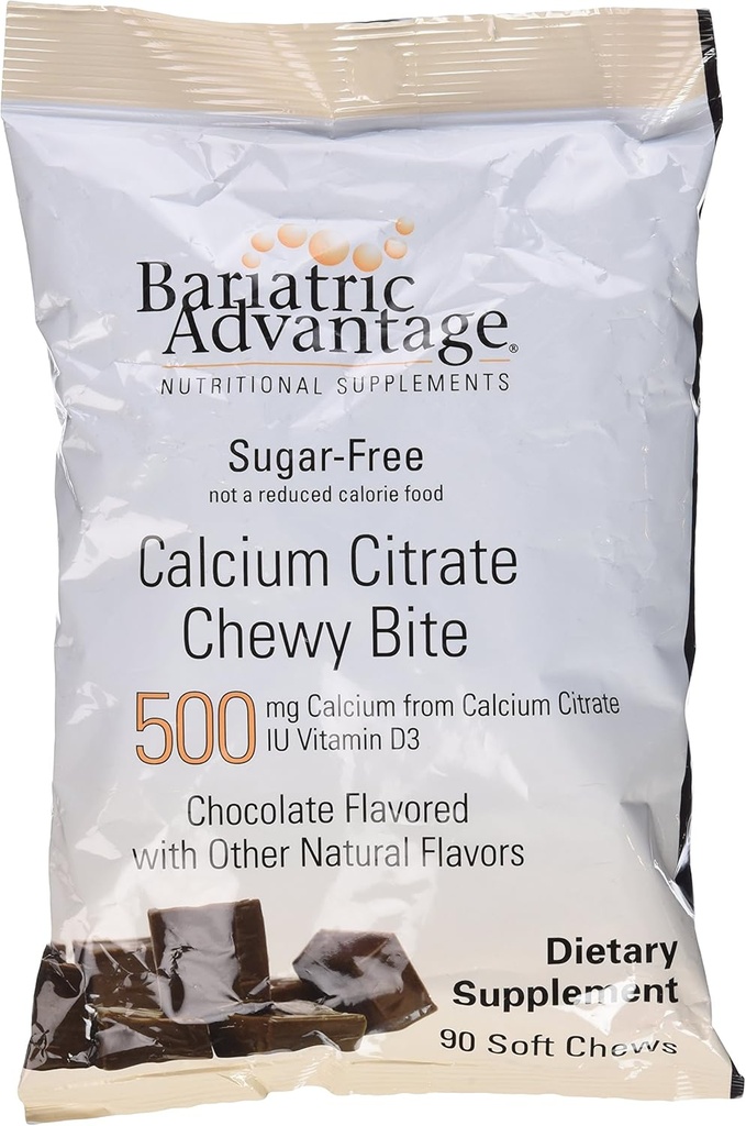 Bariatrická výhoda Vápnik Citrát Chewy Bites 500 mg s vitamínom D3 pre Bariatrické chirurgia Pacienti vrátane žalúdočného bypassu a rukáva Gastrektómia, bez cukru - čokoládová príchuť, 90 Počet