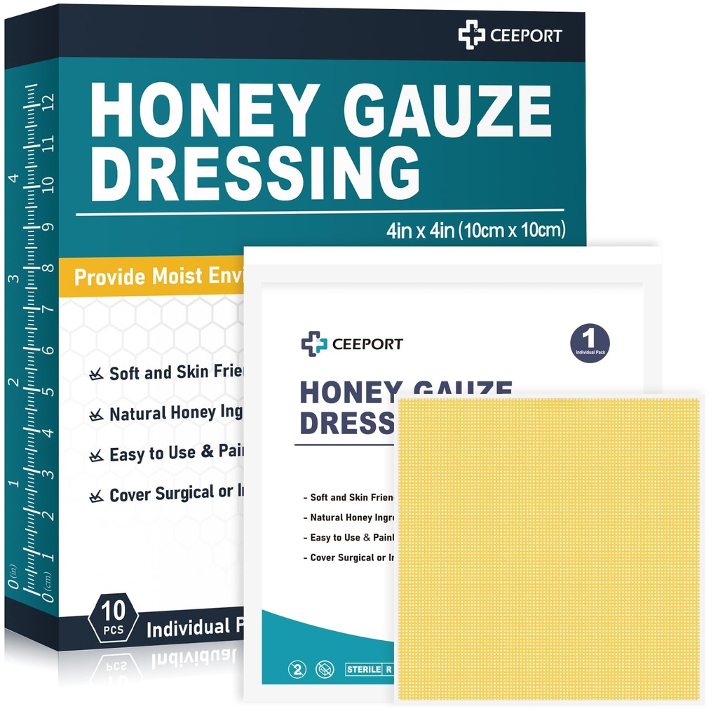 Honey Gauze Wound Dressing, 4" x 4" Manuka Honey Wound Care, Medové rany Medovej triedy pre starostlivosť o rany, med Patch pre rýchlejšie vyliečenie z popálenín, Abrazions, rezy a scalds (Pack of 10)