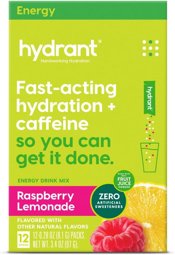 Hydrant - Energy Electrolyte Powder, Malinová citrónová príchuť, 12 Kofeín & L-Theanine Energy Rehydration Stick Packs - Low Sugar Energizing Powder for Daily Use