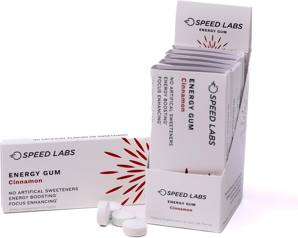 Rýchlosť Labs Škorica Natural Caffeine Energy Gum 25mg Kofeín, Taurín, B Vitamíny per kuse, 48 kusov (6 balení po 8) Bez cukru, Zero kalórií, prirodzene sladené, Gluten Free