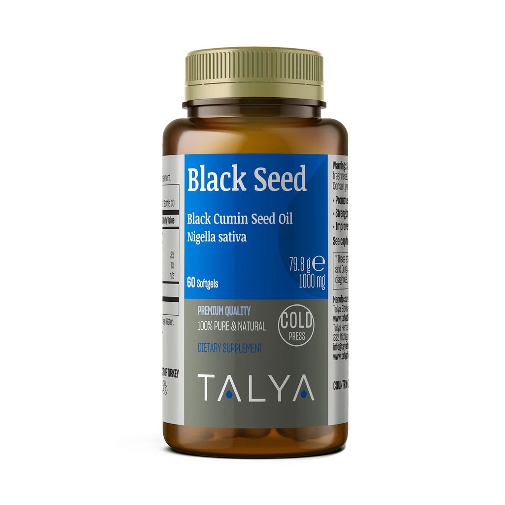 TALYA Black Seed Oil Softgel s vysokým Thymochinón - Imunitná podpora - Tráviace zdravie - Funkcia mozgu - Spoločná mobilita - Cold-Pressed from non-GMO Turkey Black Cumin Nigella Sativa Seeds