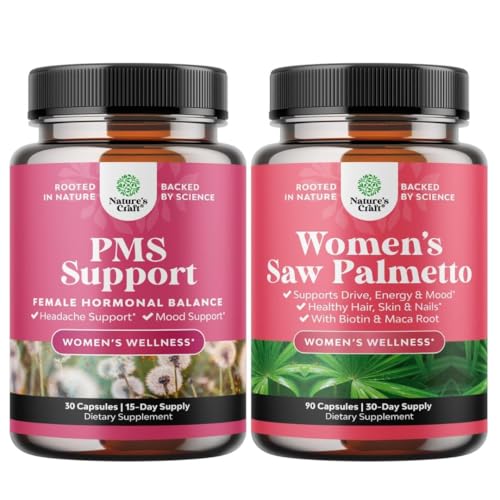 Bundle of PMS Support and Saw Palmetto for Women - DIM, Chasteberry, Black Cohosh & Ashwagandha for period Cramps, Bloating, Mood Swing and Saw Palmetto Extract with Maca Root & Biotin for Hair Loss
