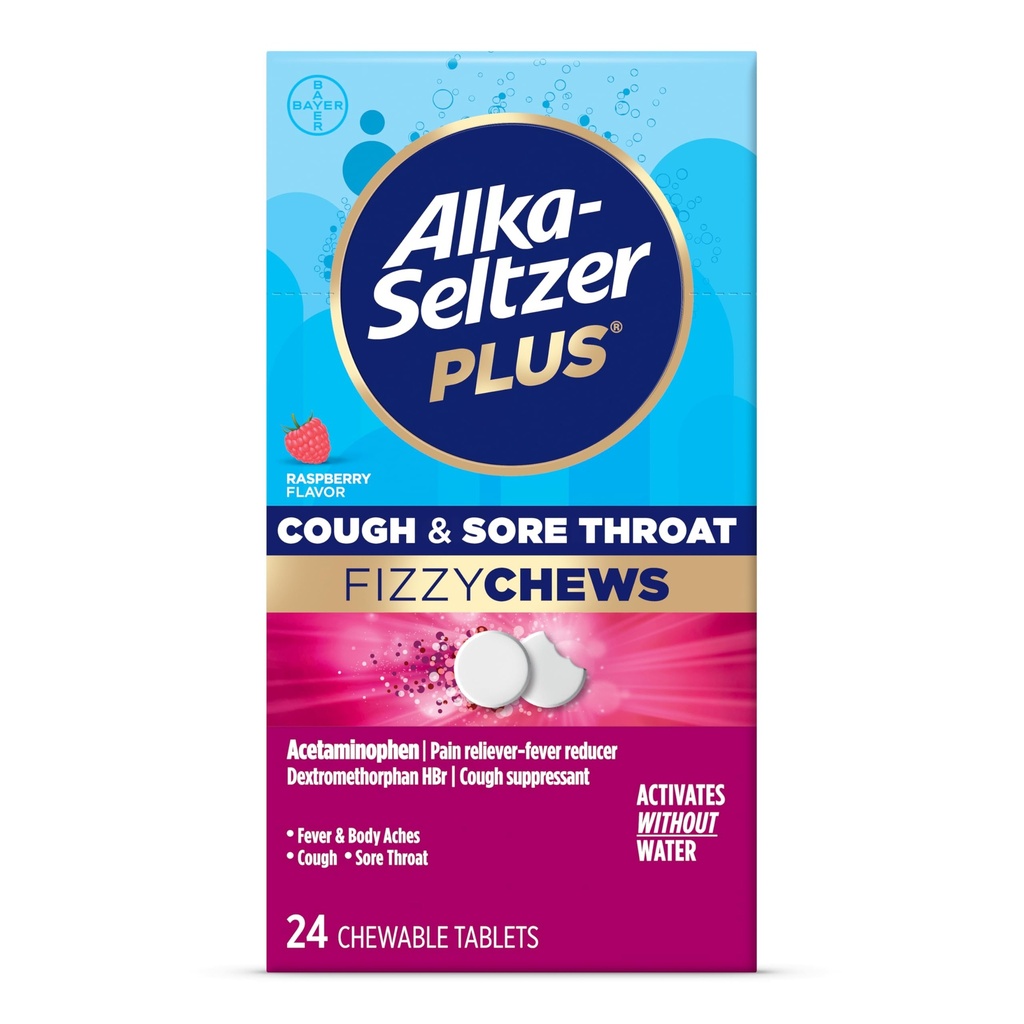 Alka-seltzer Plus Kašeľ a bolesti hrdla Fizzy žuvačky, žiadna voda potreba, Na Go Sore Throat Relief pre dospelých, Malinová chuť, 24 Počet