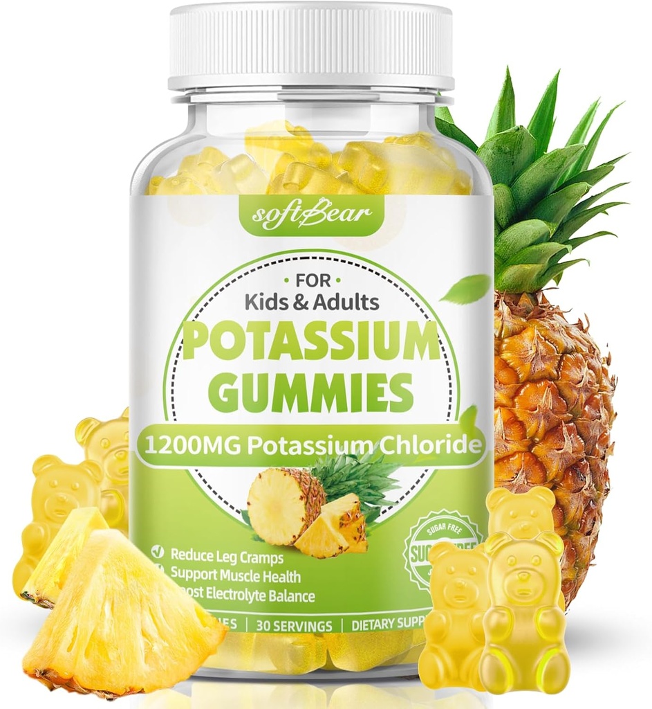 softbear Chlorid draselný Gummies 1200mg, bezcukrová draselná Gumies pre dospelých Podpora Noha Crumps Vysoká potencia Chlorid draselný Supplement, Ananásová príchuť 60 Počet