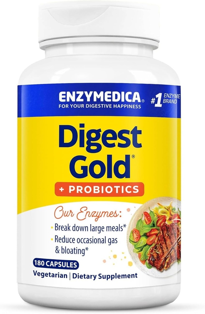 Enzymedica Digest Gold + Probiotiká, 2-in-1 Formula pre zdravie Gut, tráviace enzýmy a aktívne probiotické kultúry, 180 Počet