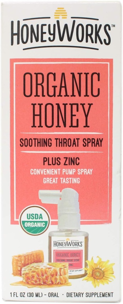 HoneyWorks Adult Throat Spray for Sore Throat Relief, 1 Oz, Ukľudňujúce non-GMO USDA Organic Dark Honey + Zinok, Fast-Acting Relief, Ages 12 Years+