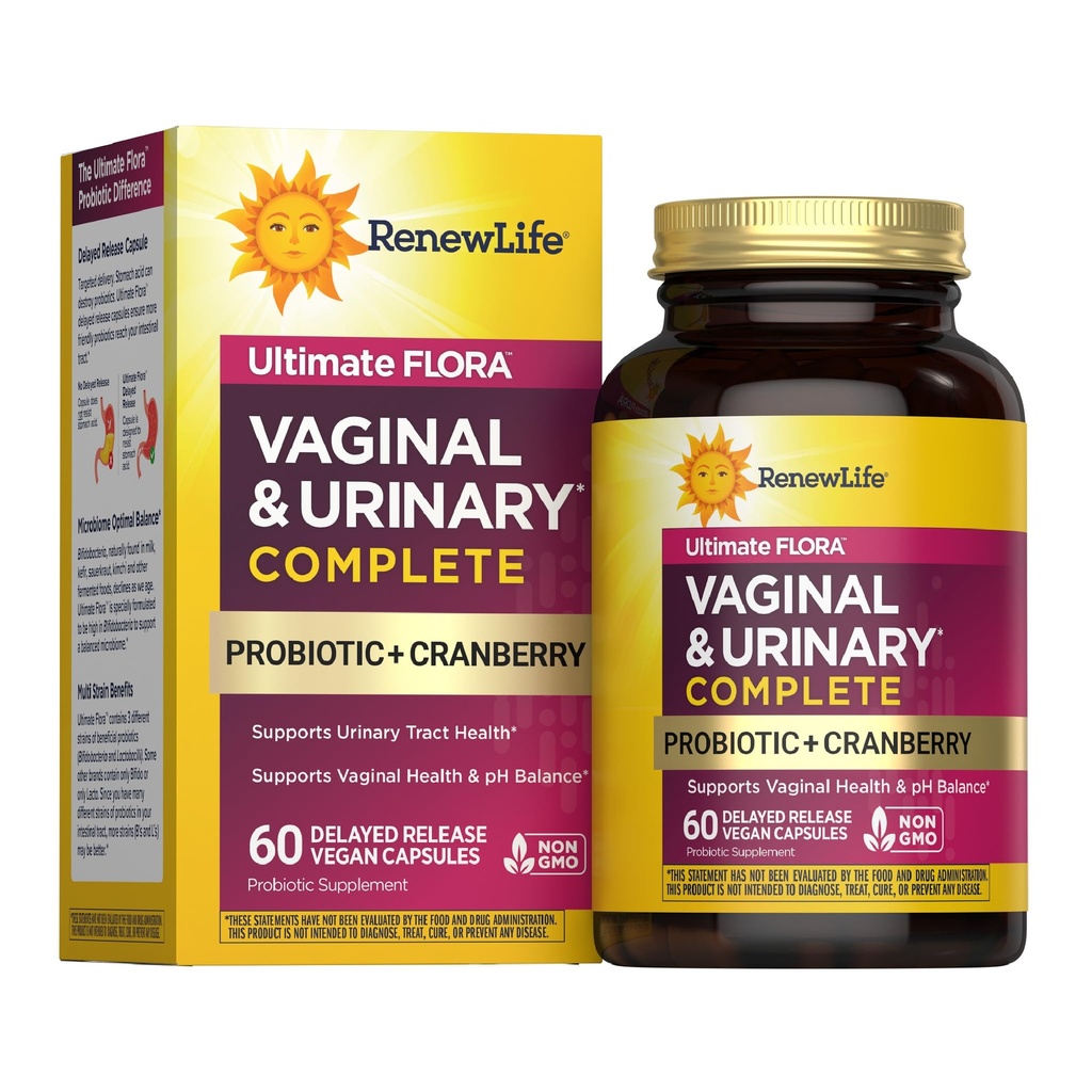 Renew Life Women's Wellness Vaginal and Urinary Probiotic and Cranberry Supplement, Probiotic Supplement for pH Balance for Women, Digestive Health, Dairy, Soy and Gluten-free, 3,5 miliardy CFU 60 Ct