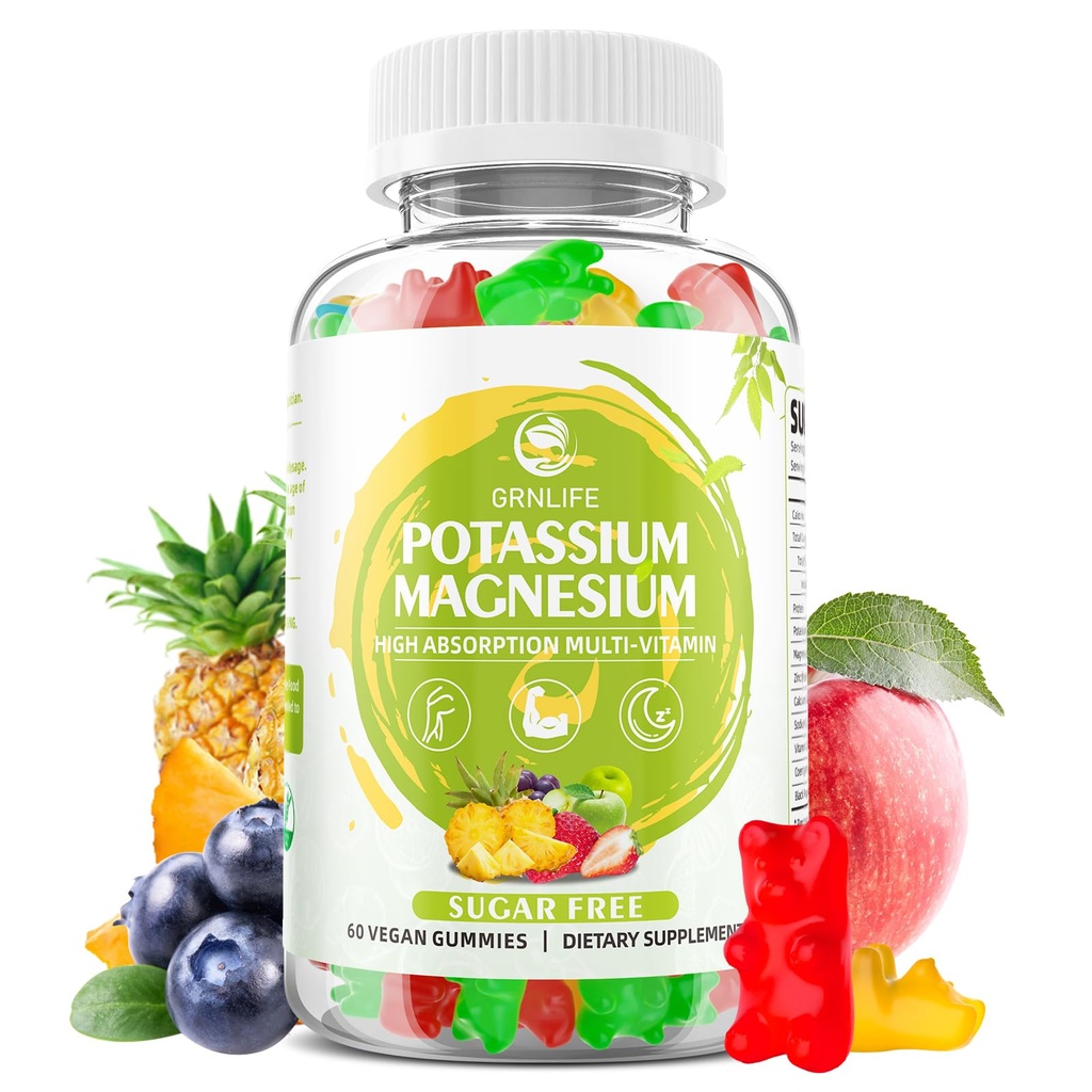 Kálium Magnézium Supplement Gumies, Draslík Gumies pre dospelých Deti, vysoká absorpcia Magnézium Glycinate pre nohy Cramps a imunitné zdravie, bez cukru, Vegan zmiešané chute, 60 Počet
