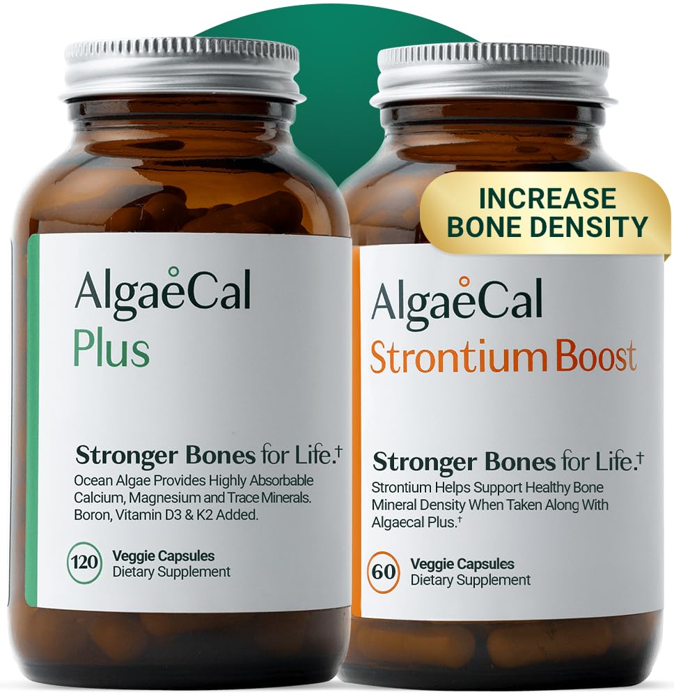 ALGAECAL Bone Builder Pack - Plant Based Calcium Supplement & Stroncium - Organic Calcium 750 mg s vitamínom D3 1600 IU, vitamín K2, horčík, 16 Nutrients for Bone Health & Density (1-Month Supply)