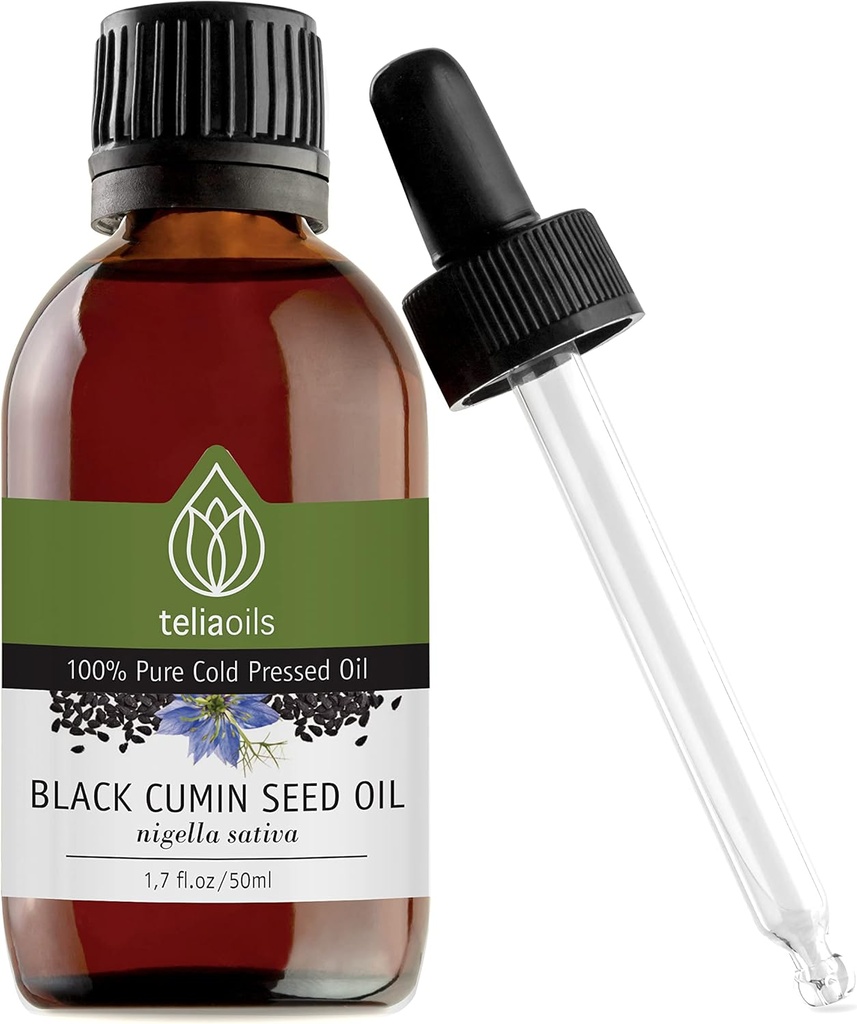 Teliaoils Black Seed Cumin Oil, 100% Pure, Natural, Cold Pressed, Bohaté na Omega-3 & Omega-6 mastné kyseliny & Polyfenoly Premium Grade, Pre kožu, nechty a vlasy, vynikajúci antioxidant