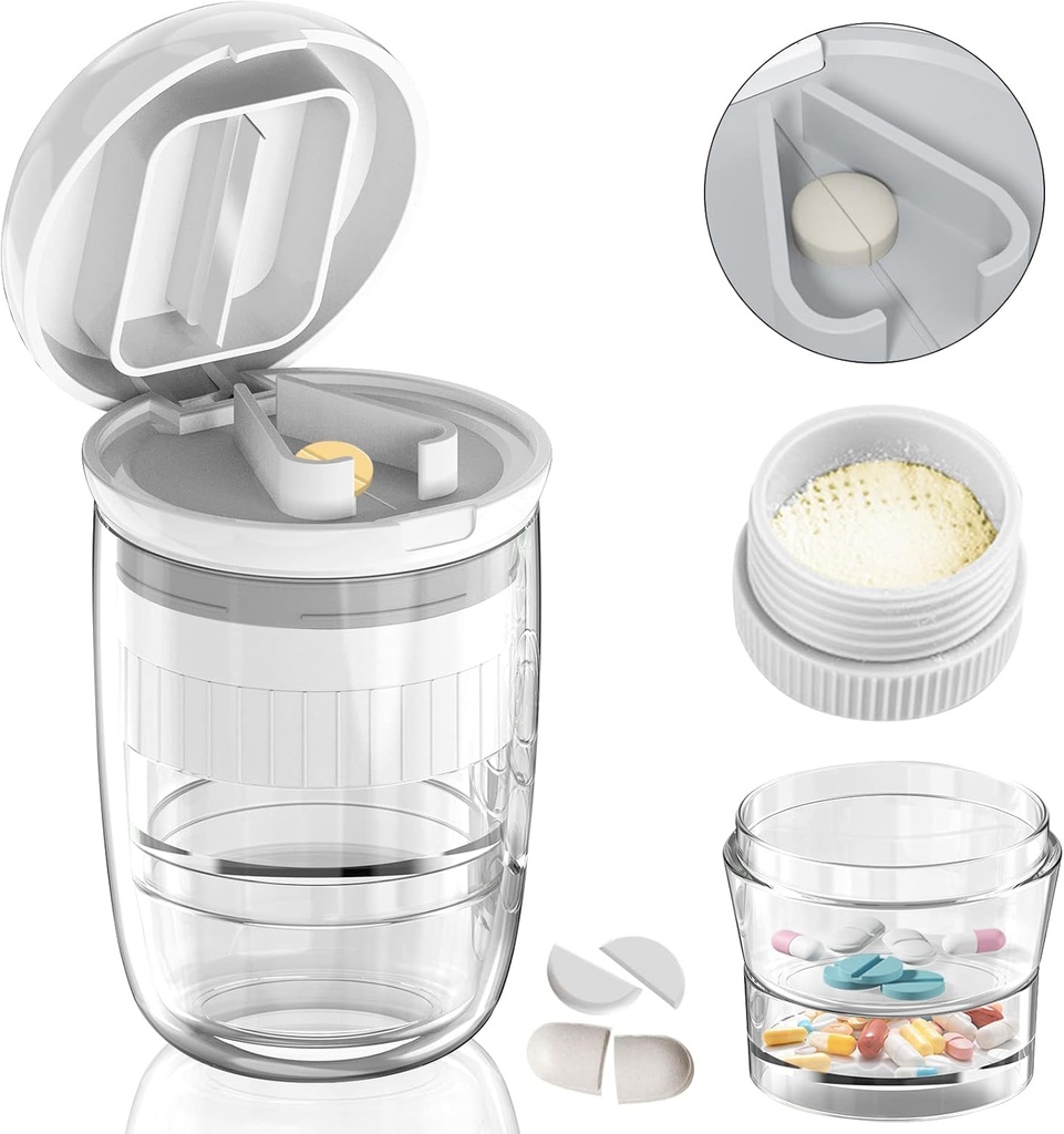 White-1 pilulky splitter a Cutter, kefky tablety, vitamíny, nerezová oceľ čepeľ, odnímateľný pohár nápojov