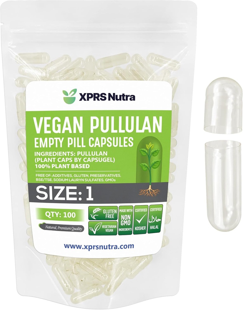 XPRS Nutra Size 1 Pullulan prázdne kapsule - 100 gróf čistý label Plantcaps Jasné prázdne Vegánske kapsuly - Premium Vegetariánske pilulky - Do-It-Yourself Zeleninové kapsule Plnenie