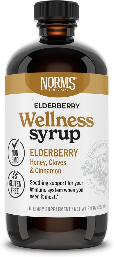 Norm's Farmy Wellness Black Elderberry Sirup s medom, škoricou a klinčekmi - vyrobené v USA, Prírodná imúnna podpora, žiadny alkohol alebo plnky, Gluten-free, Non-GMO, Vegan, Čistá bazová šťava Sirup - 8 Oz