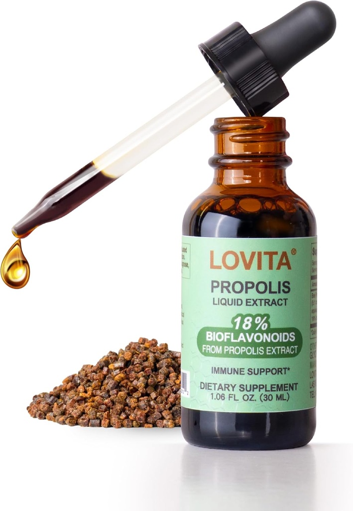 Lovita Bee Propolis Liquid Extract 500mg, 5:1 Resin Drops with 18% Bioflavonoids, Alcohol-Free Antioxidant, Immune Support & Throat Soothing, Gluten-Free, Non-GMO, 1 Fl Oz (30 mL), 30 Day Supply
