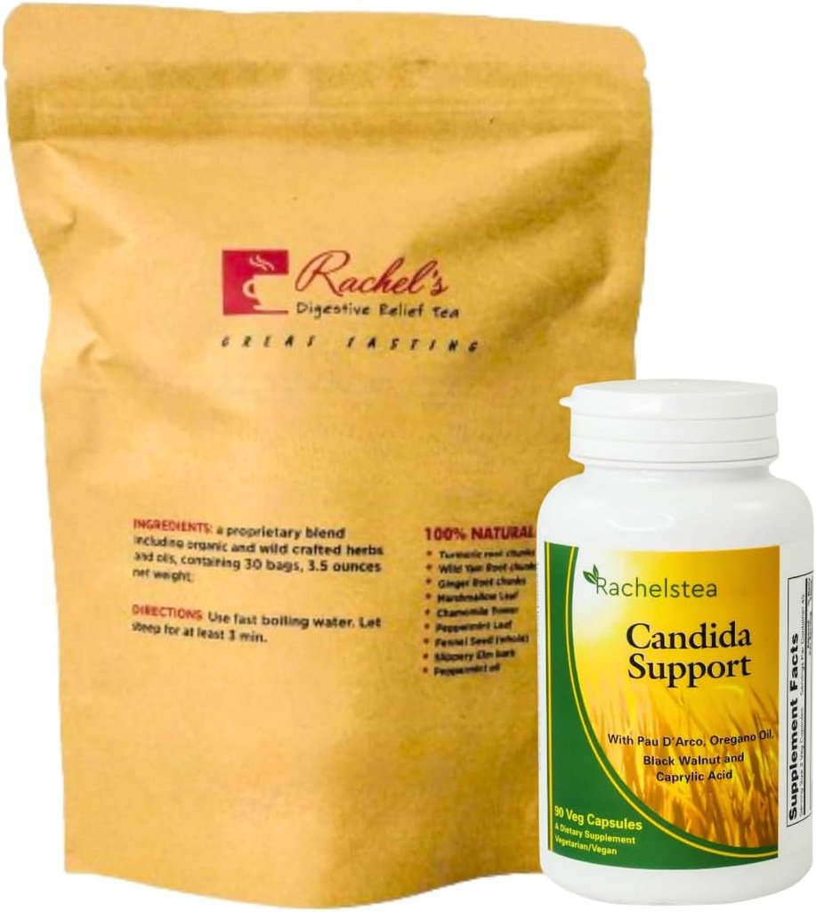 Rachel čaj a Candida Podpora: 30 Day Supply Turmeric, Wild Yam, Ginger, Peppermint, Fenikel, Slippery Elm + Candida Support Kapsule