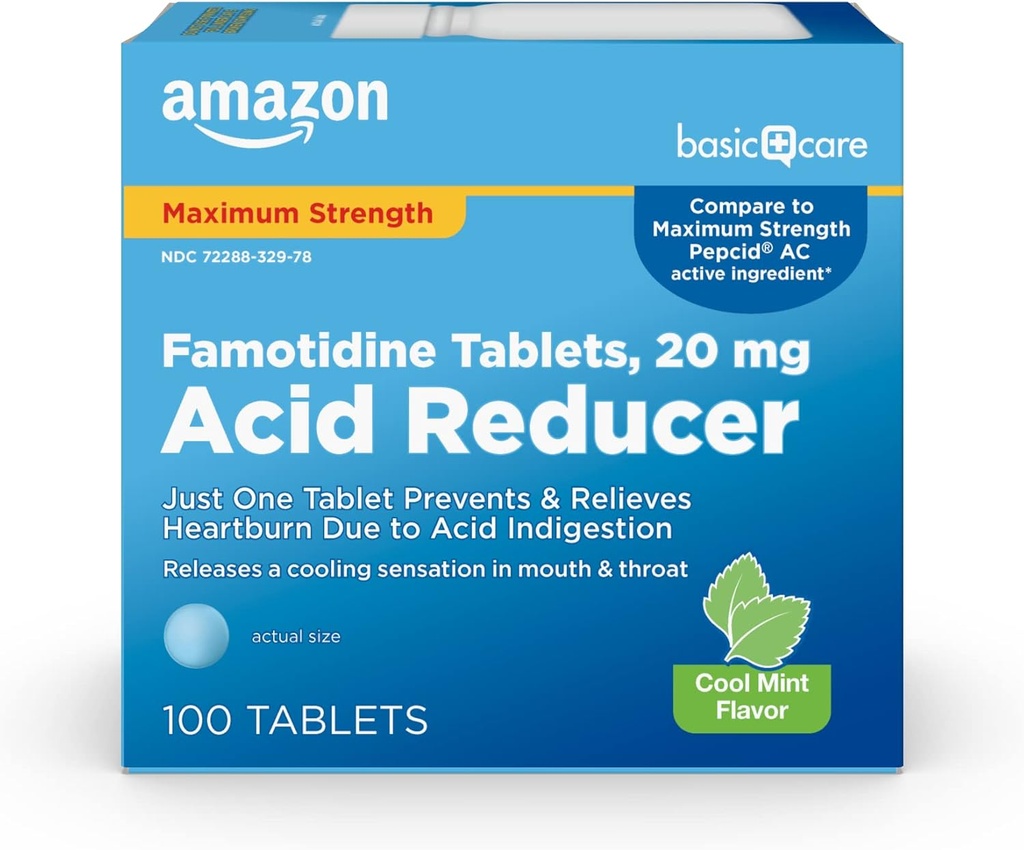 Amazon Basic Care Famotidín 20mg Cool Mint Tablets, 100 Počet, biela