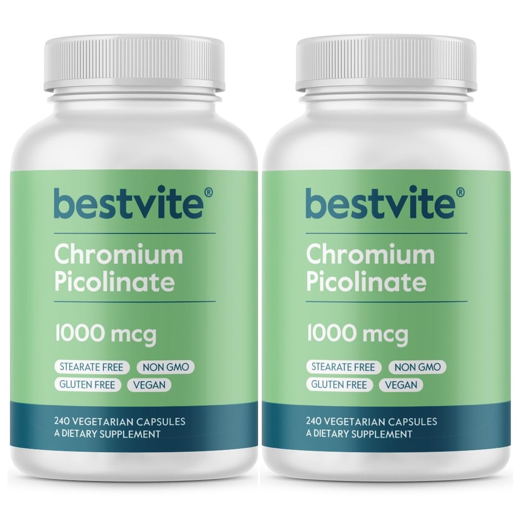 BESTVITE chromium pikolinát 1000mcg (480 Vegetariánske kapsuly) (240 x 2) - žiadne stearáty - bez dikalciumfosfátu - Vegan - bez lepidla - non-GMO