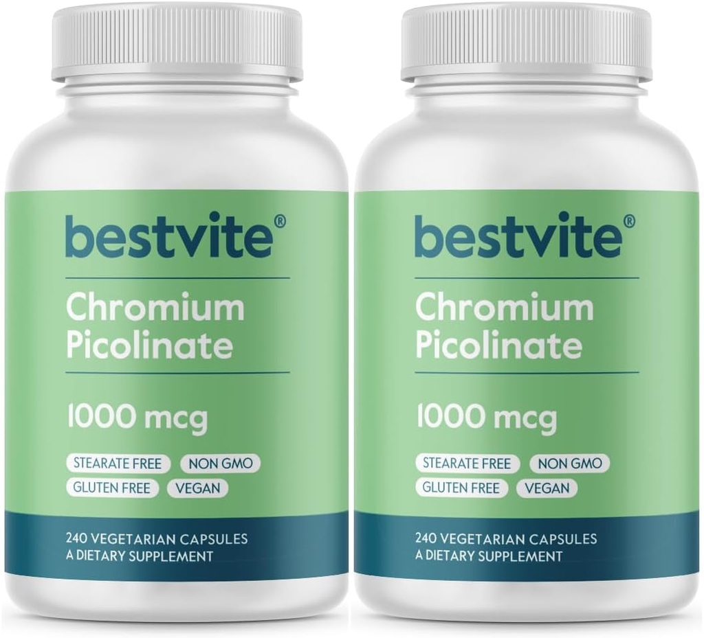 BESTVITE chromium pikolinát 1000mcg (480 Vegetariánske kapsuly) (240 x 2) - žiadne stearáty - bez dikalciumfosfátu - Vegan - bez lepidla - non-GMO