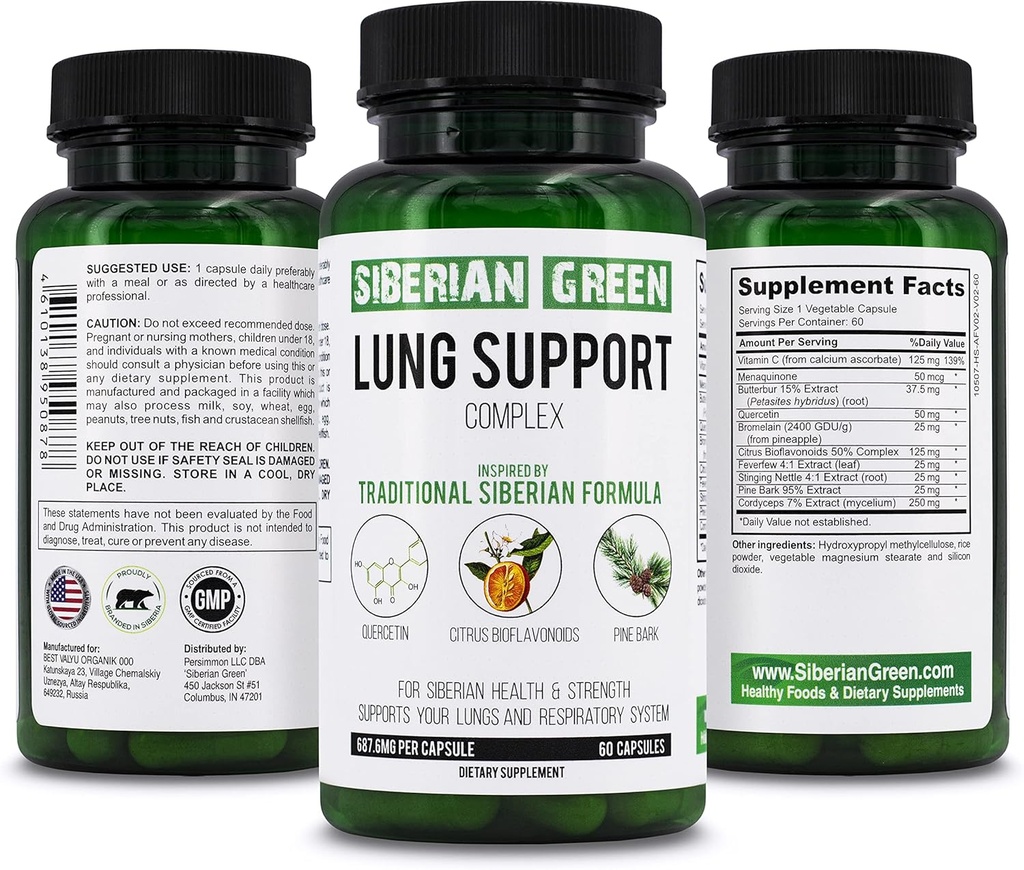 Siberian Green Lung Support Complex 60 Kapsule - Tradičné Formula Supplement Bohaté na Quercetin, Citrus Bioflavonoids, Pine Bark