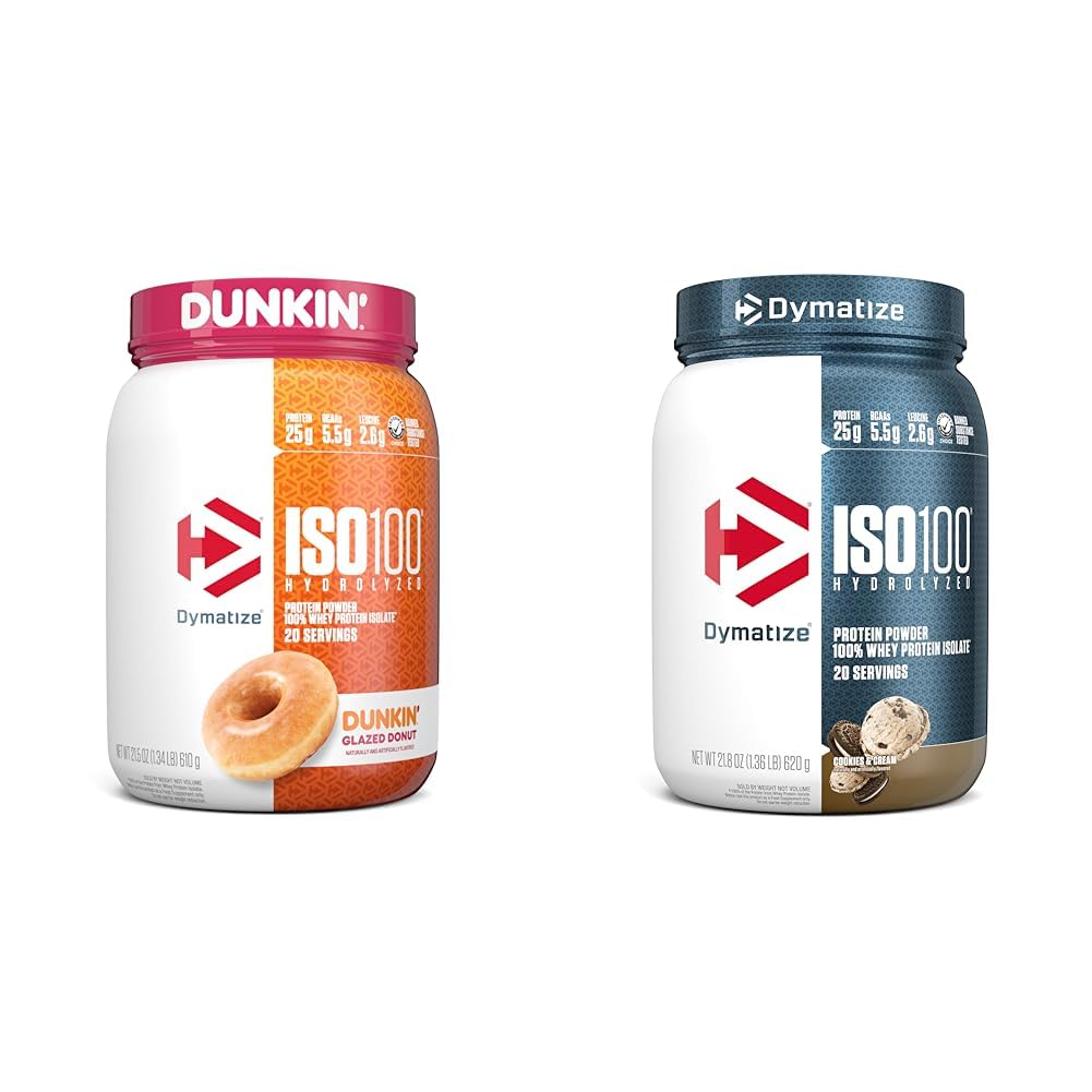 Dymatizácia ISO100 Hydrolyzovaný proteínový prášok, 100% srvátka Izolát, Dunkin' Glazed Donut flavor, 20 Slúži & ISO100 Hydrolyzovaný proteínový prášok, 100% Srvátkový izolátový proteín, 25 g proteínu, 5,5 g BCAA
