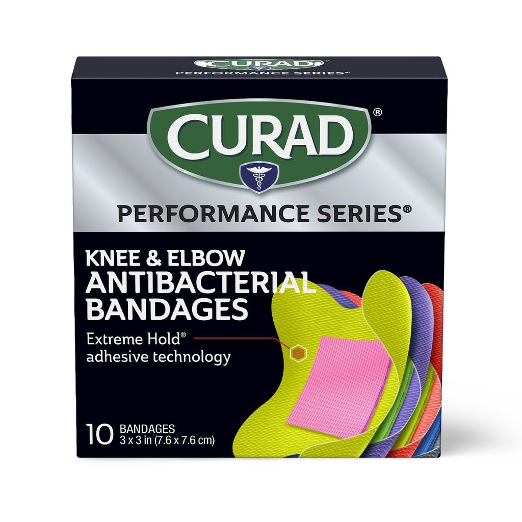 CURAD Performance Series IRONMAN Antibakteriálne pásy, Extreme Hold Adhesive Technology, Koleno a lakť 3 palce x 3 palce, 10 gróf, Ideálne pre rezy, Scrapes, Sports, a Active Lifestyles