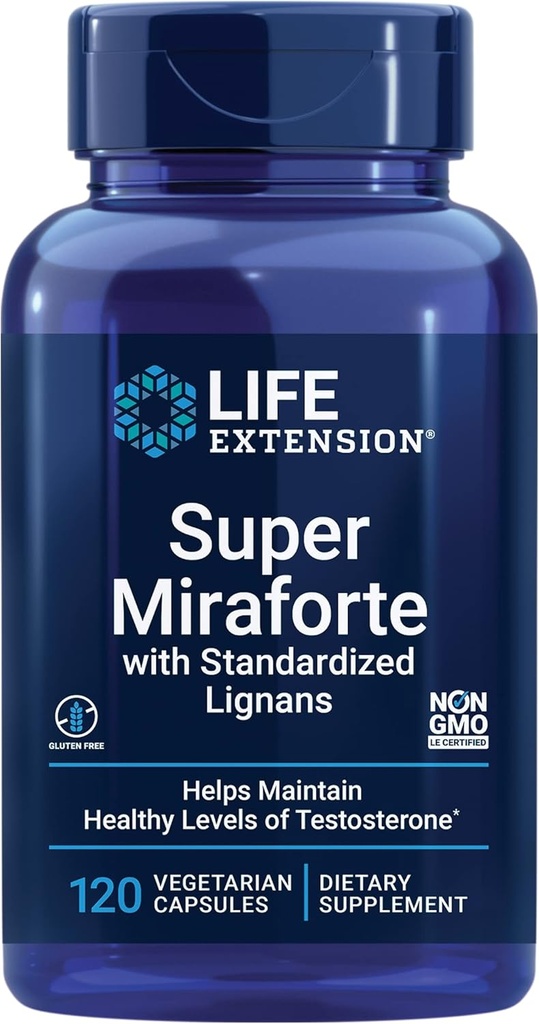 Life Extension Super Miraforte s Štandardizovanými Lignans, chryzín, Nettle Root, Muira puama, maca, zinok, Focused Formula for Testosterón Benefits, Vegetarián, Gluten-free, non-GMO, 120 Kapsule
