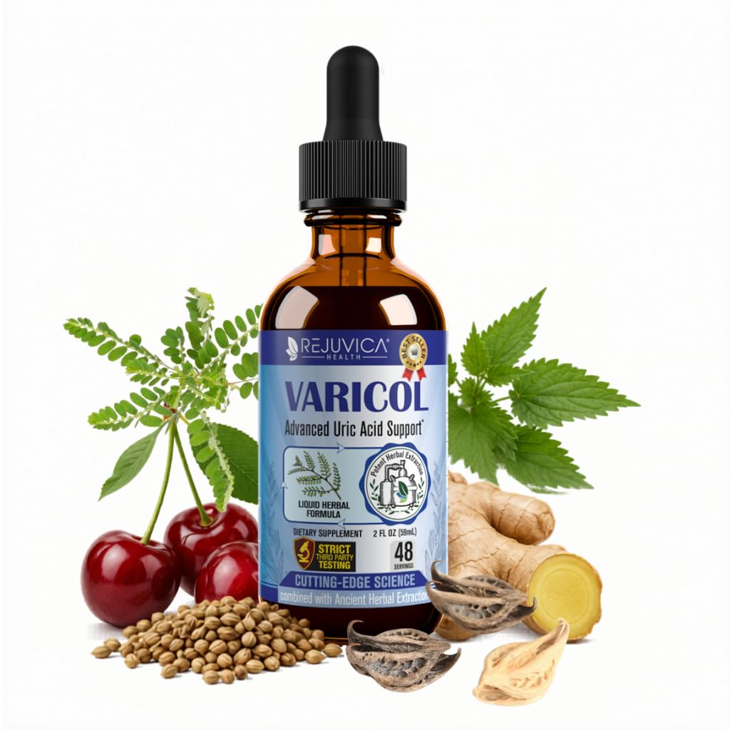 Varicol - Podpora kyseliny močovej Tekuté kvapky - Pohodlné Joint & Obličková podpora s tortou Cherry, Chanca Piedra, Zeler Seed + Ginger Extract Complex - Vegan, Supplement bez cukru - 2 fl oz