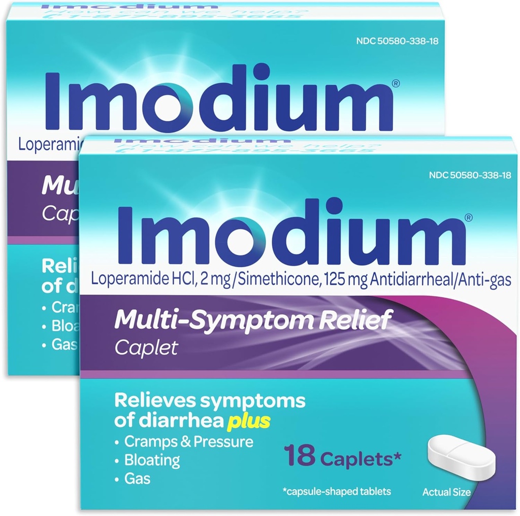 Imodium Multi-Symptom Relief Caplets with Loperamide Hydrochloride and Simeticone, Anti-Hreactive Medicine for Treasury, Gas, Bloating, Cramps & Pressure, 2 balenie