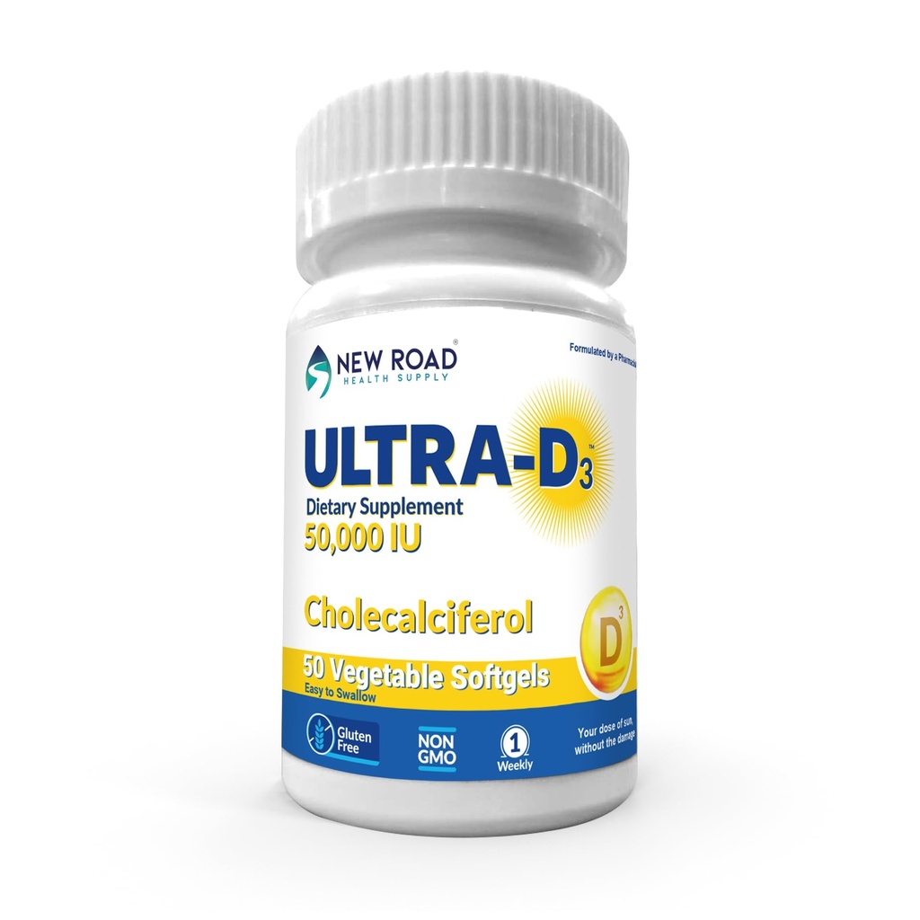 New Road Health Supply, High-Potency Vitamin D3 50 000 IU, Raz týždenne Softgel, podporuje kosti, zuby a imunitné zdravie, Easy-to-Swallow, Gluten-Free, 50 Počet