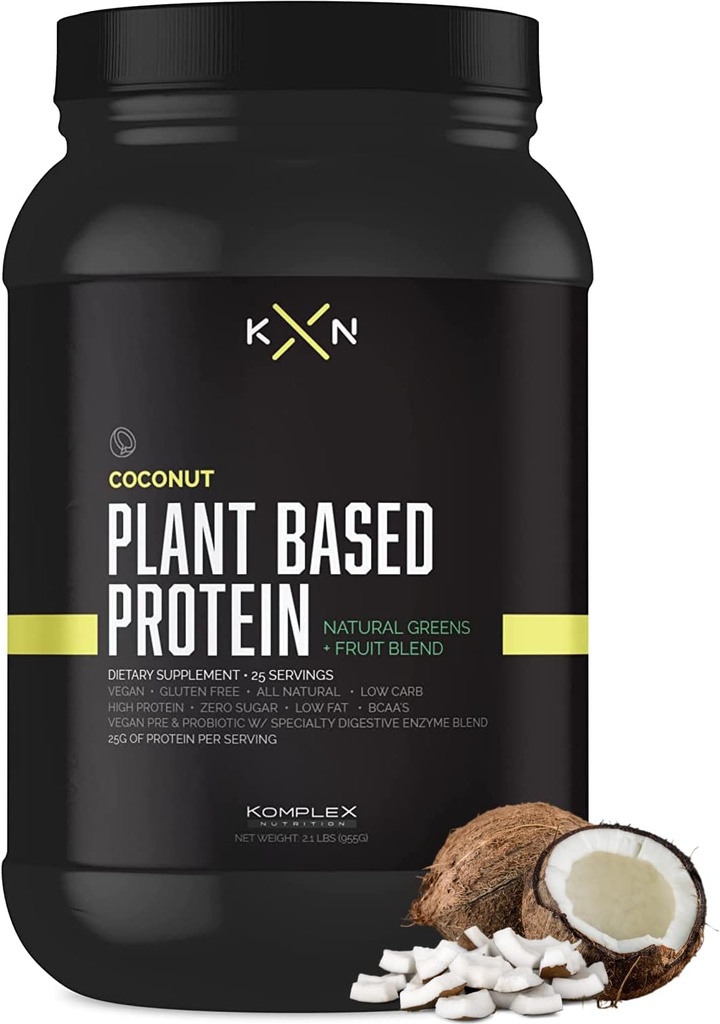 KompleX Nutrition Plant Based Protein Powder (25 Servings) - Coconut Ochutené prírodné, Vegan, Zero Sugar, Nízky tuk, Negeneticky dietetické doplnky vyrobené z 29 prírodných zelených a ovocných
