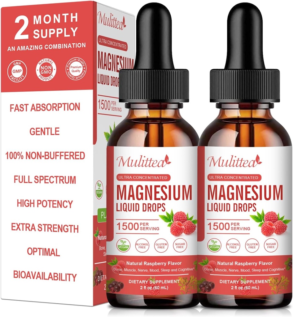 (2 balenia) Magnézium Glycinát Tekuté kvapky w/ 1500mg Magnézium Glycinát, Taurát, malát, citran, vápnik Plus draslík pre Nerve, kosti, zdravie srdca a energie Zzz - vysoká absorpcia- Malinová príchuť