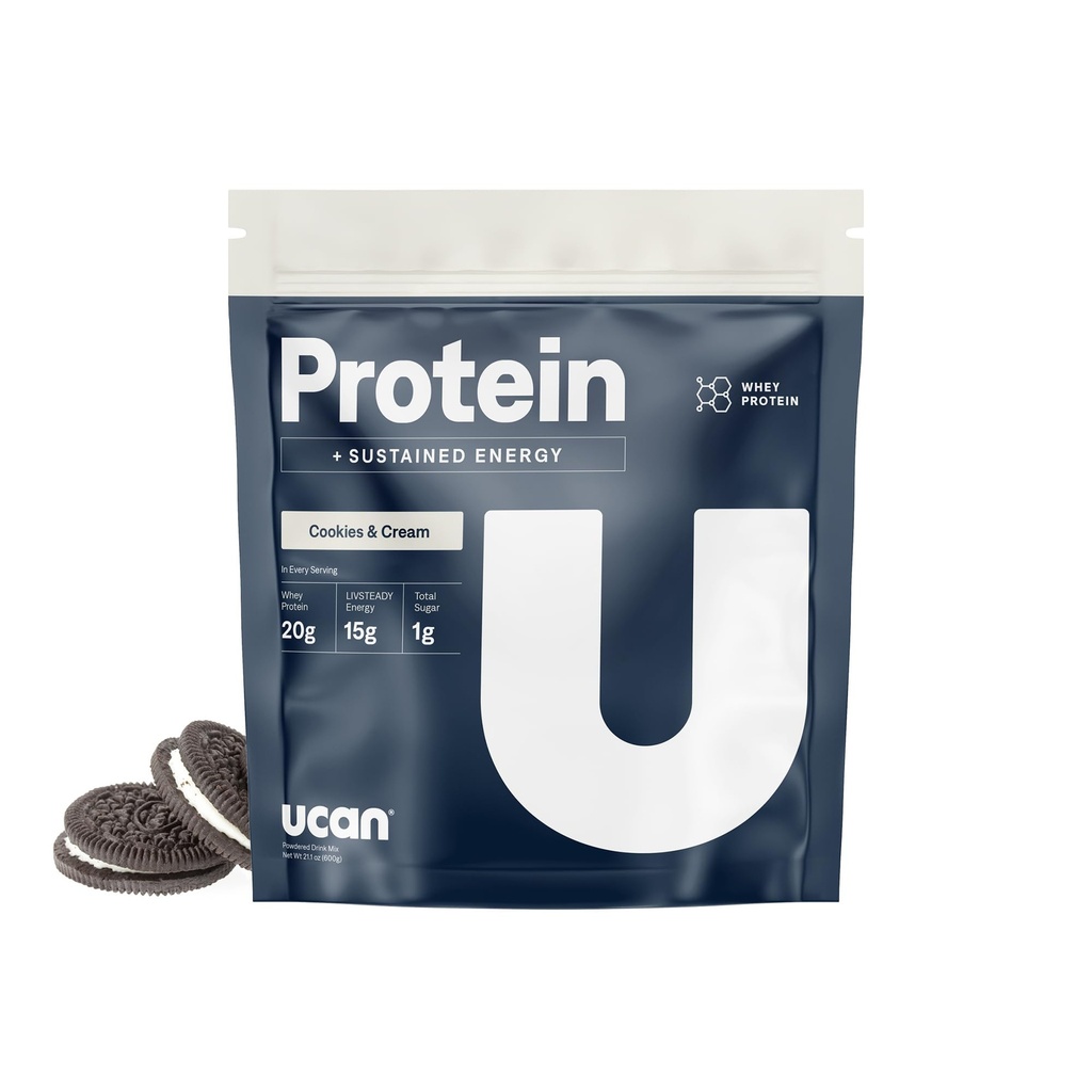 UCAN Energy + Srvátkový proteín prášok - 19g na podávanie s aminokyselinami EAA & BCCAs - Keto, bez prídavku cukru, bez lepidla - Cookies & Cream - 12 porcií