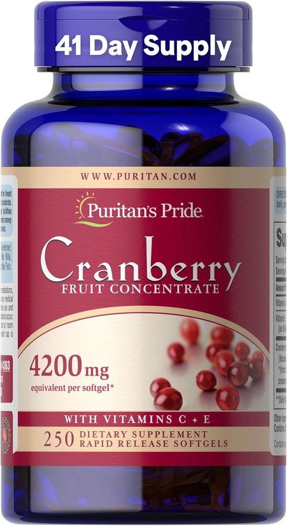 Puritánska pýcha Premium Cranberry Fruit Concentrat 84 mg (4200 mg ekvivalent) s vitamínmi C a E, Dietary Supplement for Immune System Support, 4 mesiace dodávky, 250 Rýchle uvoľnenie Softgels