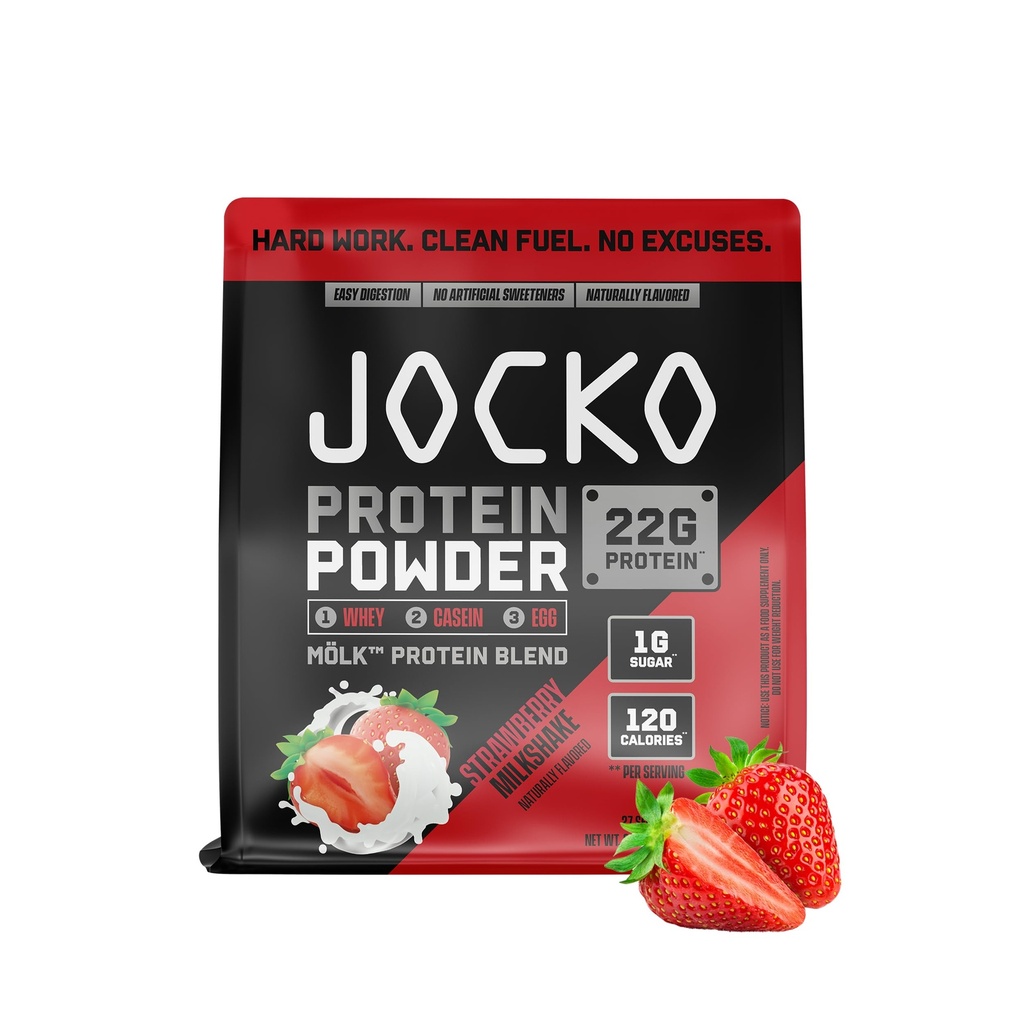 Jocko Fuel Mölk Srvátka Proteín Powder 22g Nízky cukor Monk Ovocie Zmes - Svalové zotavenie a rast, Balenie Máj Vary (27 Slúži, Jahodový mliečny koktail)