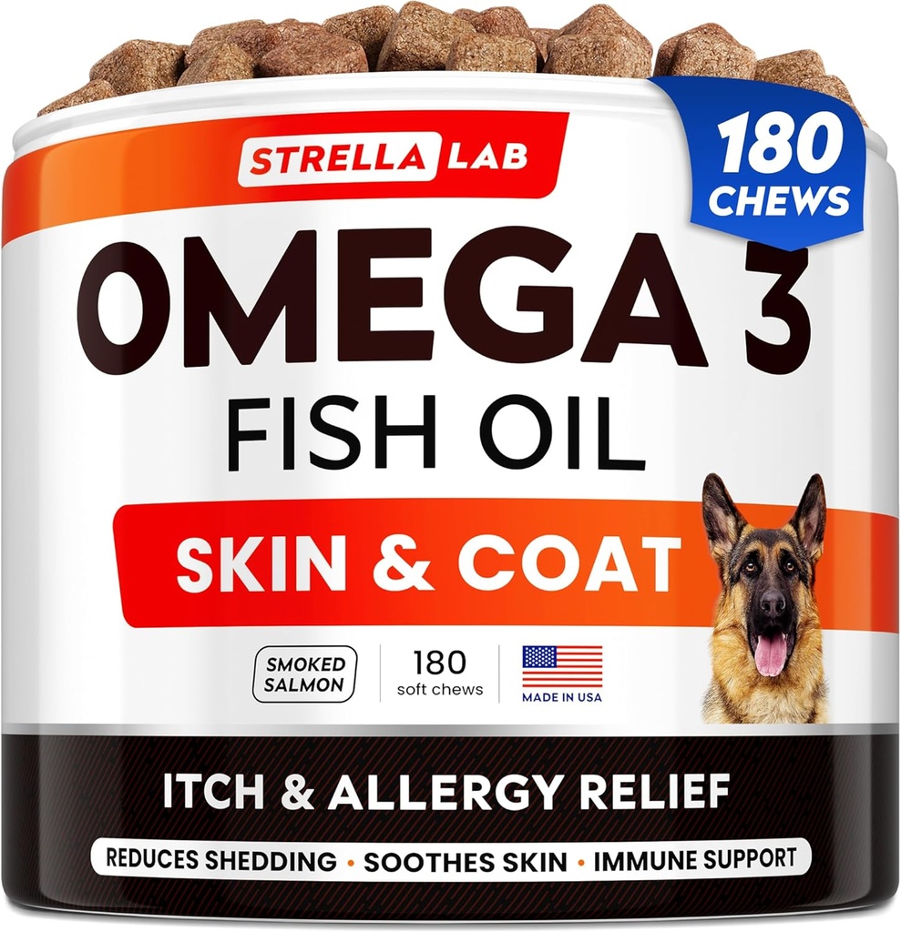 StrellaLab Omega 3 pre psy - (180Ct) Fish Oil Treats - Alergia a svrbenie Relief Skin & Coat Supplement - Suchá svrbiaca koža, Anti Shedding & Hot Spots Liečba - Pet Salmon Oil Chews - Fajčenie Salmon Flavor
