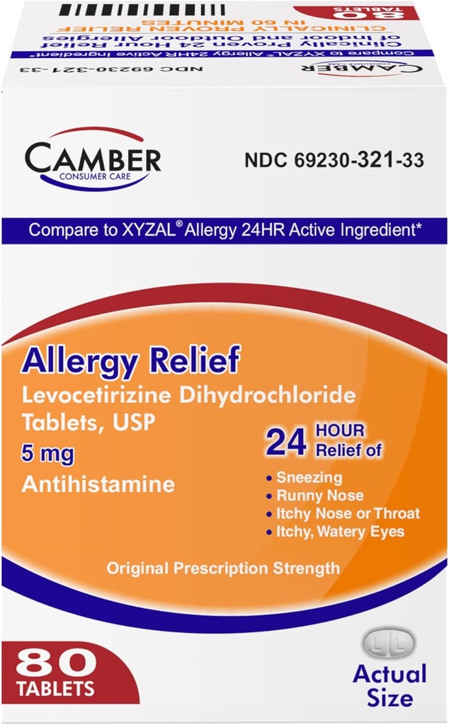 Camber Consumer Care Levocetirizín Dihydrochlorid 5 mg Antihistaminiká Tablety, v porovnaní s Xyzal Active Ingredient, Alergy Relief Medicine (80 počet)