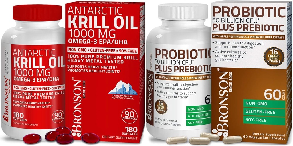 Bronson Probiotic 50 miliárd CFU + Prebiotikum s Apple Polyfenoly a Ananás Ovocie Extrac Antarktída Krill Oil 1000 mg s Omega-3s EPA DHA