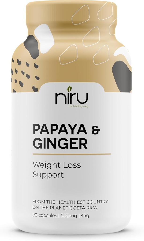 Papaya Ginger de Costa Rica - Niru Life. Blue Zone Papaya Ginger Capsules. Jeden pôvod Papaya Seeds and Ginger Root Blend. Tráviaca podpora, Detox, & Metabolizmus Boost. 90ct. 500mg Caps.